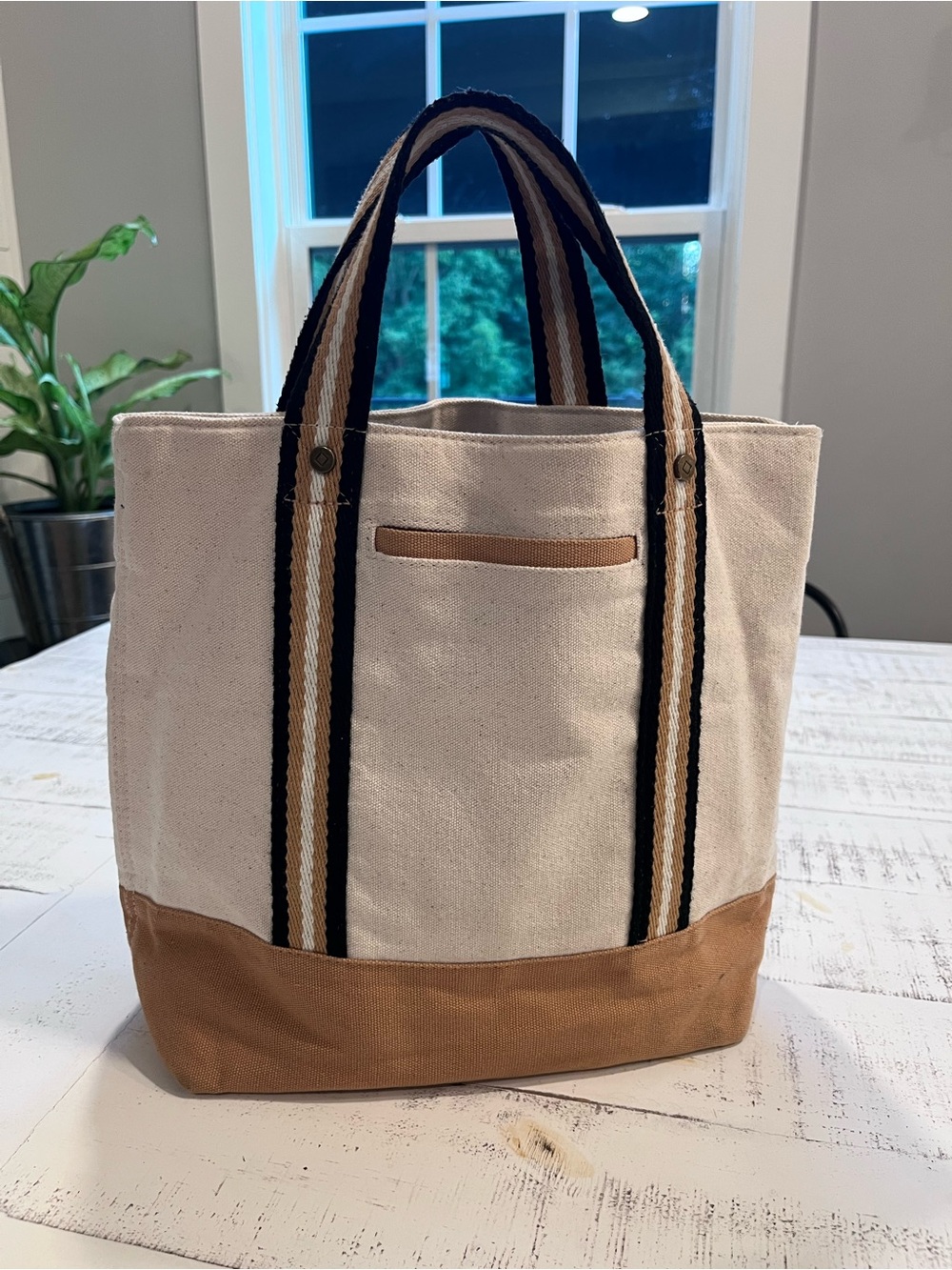 thirty-one Canvas Duffel Tote in Cream and Tan with Striped Handles